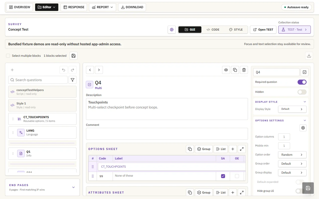 Concept Test in the actual survey editor, with its block rail and question settings