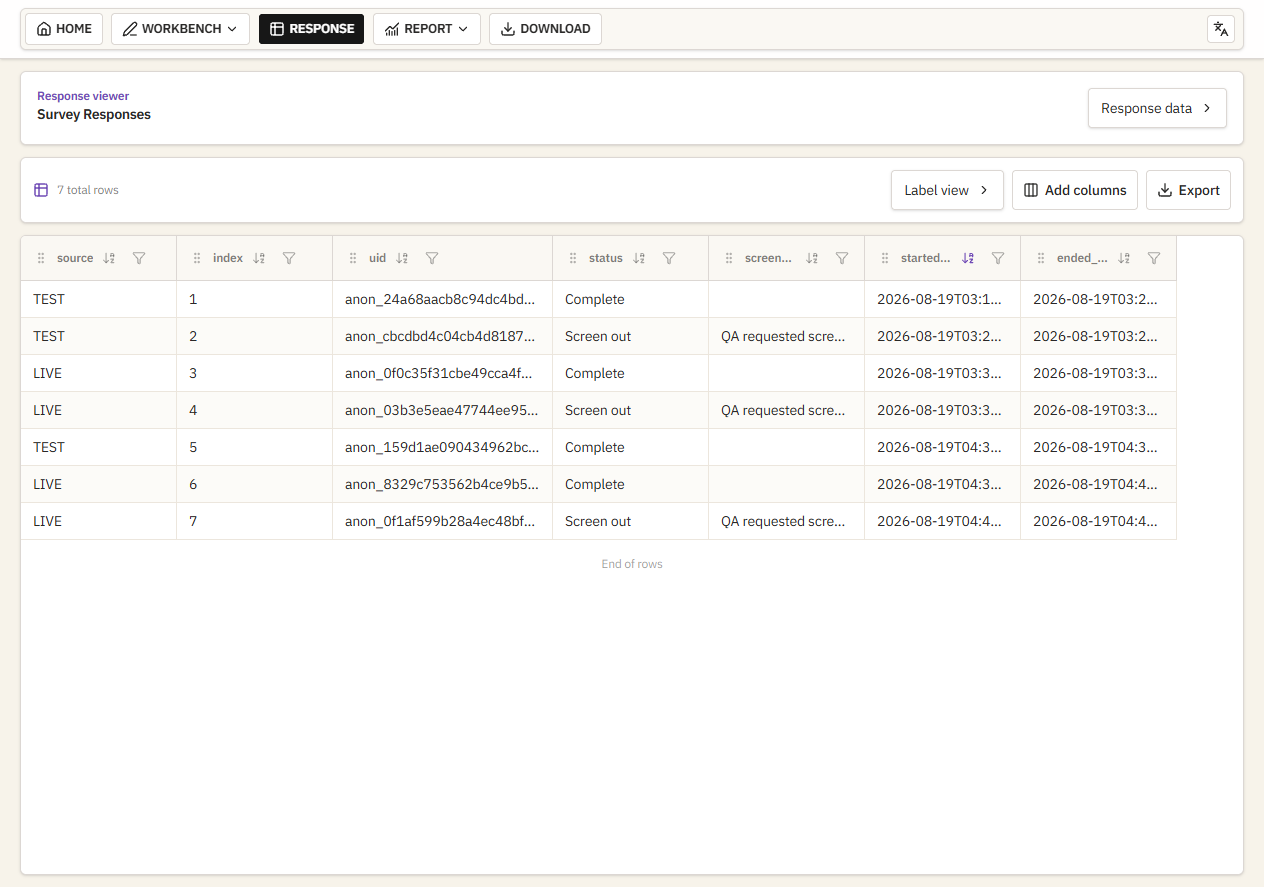 Published response workspace capture with seven example rows, TEST and LIVE sources, columns, and Export